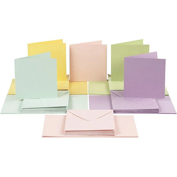 Kort og kuverter, kort 15 x 15 cm, kuvert 16 x 16 cm, 50 sæt Pastelfarver