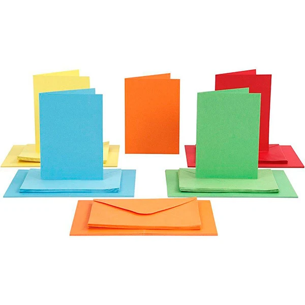 Kort og kuverter, kort 10,5 x 15 cm, kuvert 11,5 x 16,5 cm, 50 sæt Assorterede farver