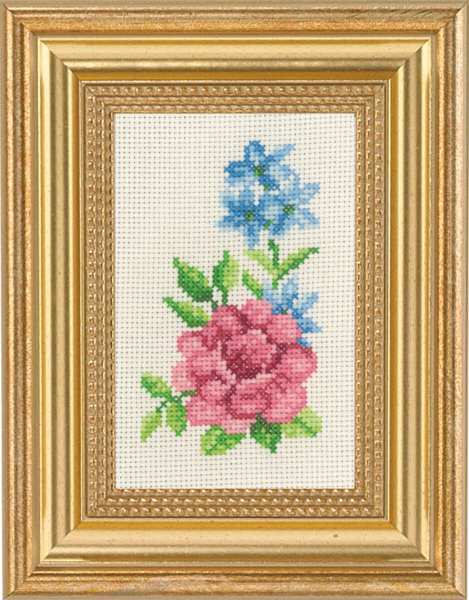 Broderikit Rose og blå blomster 9 x 14 cm