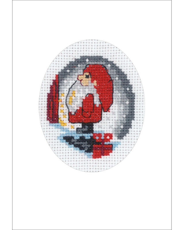 Broderikit Nisse på trappe julekort 9 x 13 cm