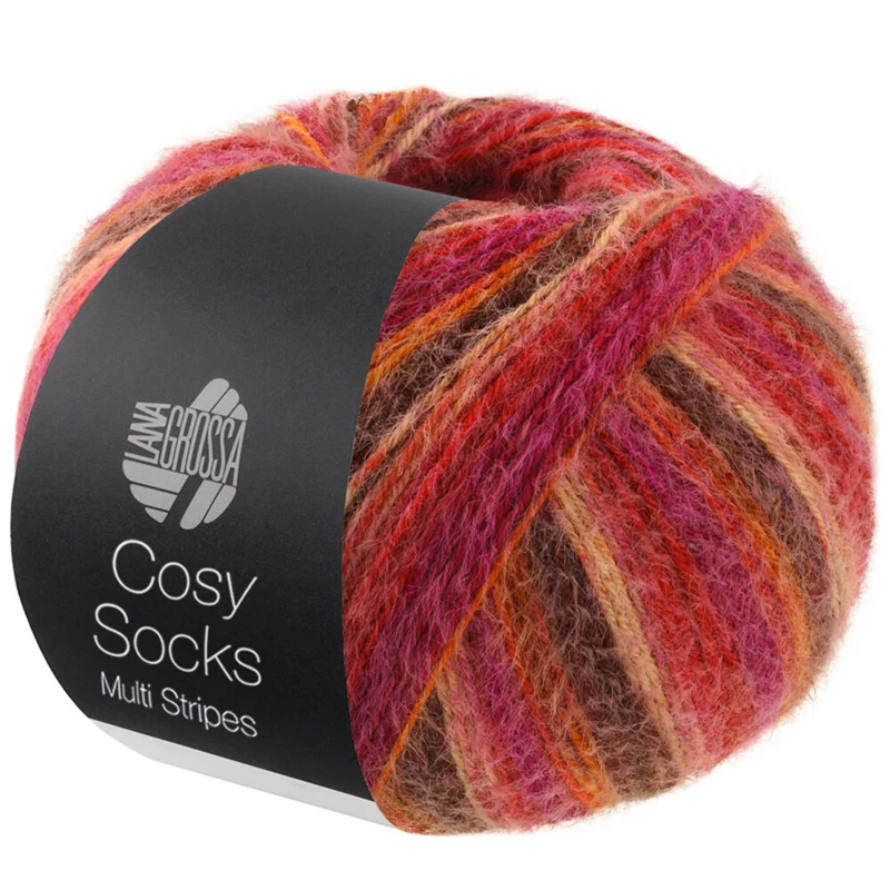 Lana Grossa Cosy Socks Multi Stripes 159 Rød/fuchsia/orange/mørkebrun/laks