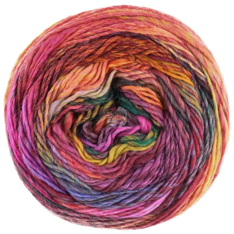 Lana Grossa Colorissimo 218 Pink/Fuchsia/Æggeblomme-/Grågul/Orange/Rødbrun/Grøngrå/Sortrød