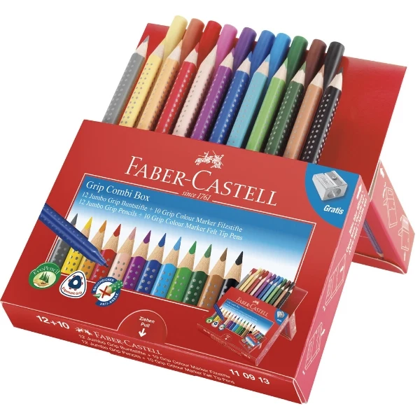 Faber-Castell Jumbo Grip kombiboks 12 blyanter + 10 tusser