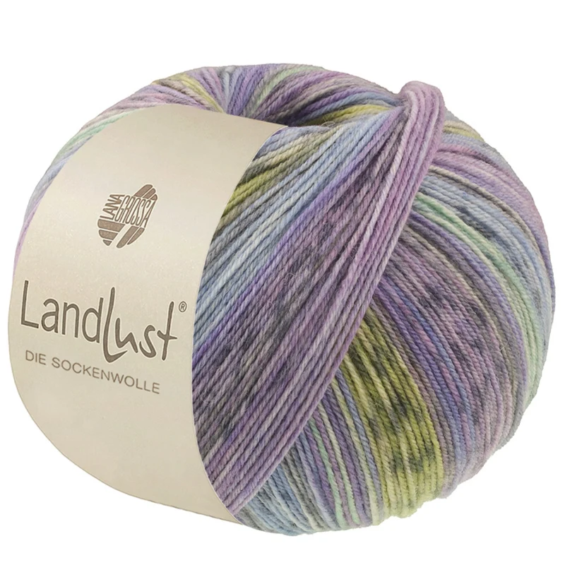 Lana Grossa Landlust Die Sockenwolle 618 Violblå/Jeans/Lyseblå/Lys-/Mørkegrå/Jade/Pistacie/Syren stribet