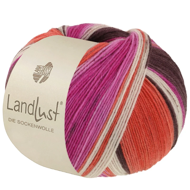 Lana Grossa Landlust Die Sockenwolle 135 Gråbrun/Fuchsia/Ecru/Terrakotta/Orkidé stribet