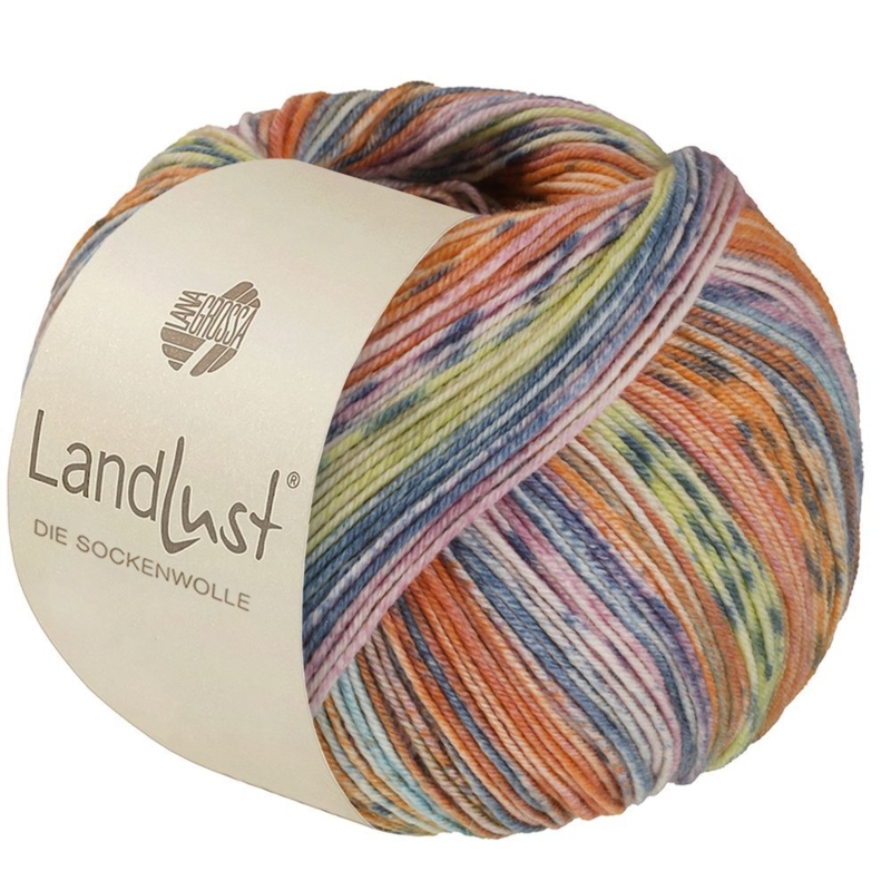 Lana Grossa Landlust die Sockenwolle Seide 336 Laks/Orange/Grå/Mint/Rosa/Citrongul/Gråblå stribet