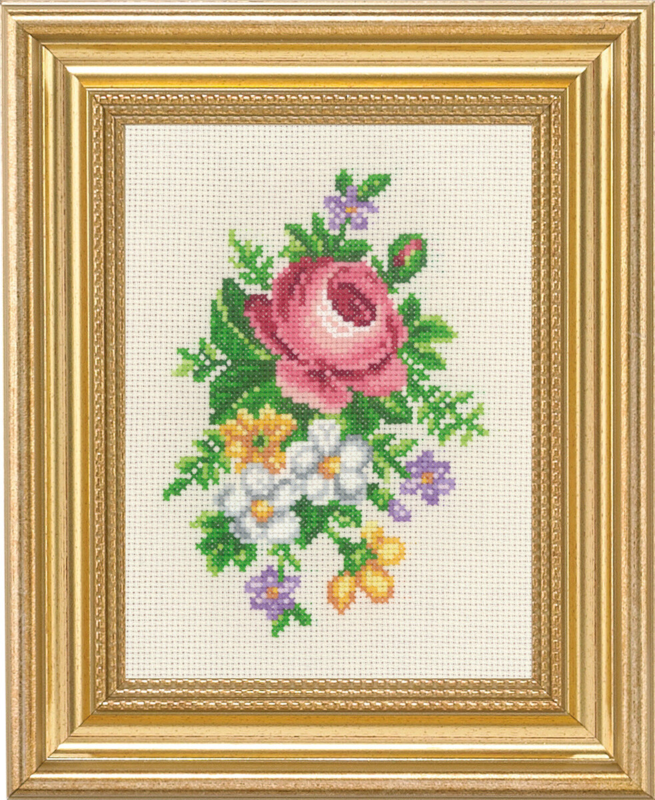 Broderikit Rose og hvide blomster 14 x 19 cm