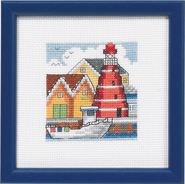 Broderikit Rødt fyrtårn havnen 12 x 12 cm